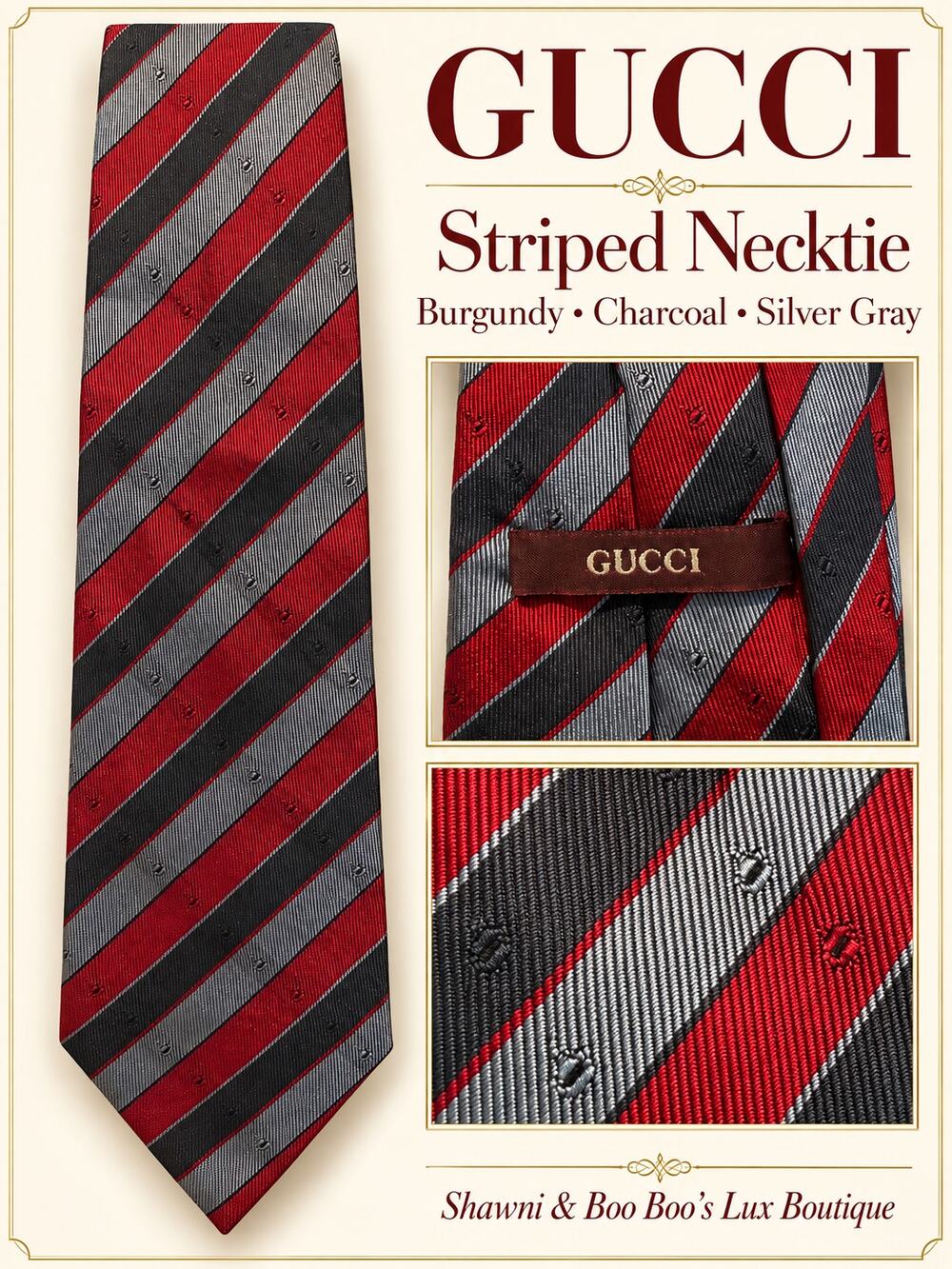 Gucci Burgundy Navy & Grey Striped 100% Silk Tie*Horsebit embossing